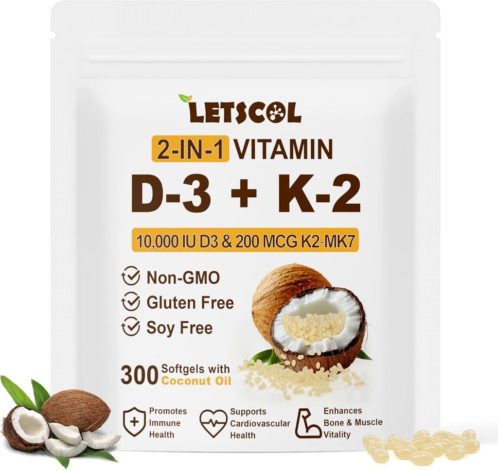 2-en-1 Vitamina D3 K2 Suplemento Softgel, Vitamina D3 10000 UI y Vitamina K2 200 mcg, K2 MK7 con D3 Suplemento de Vitamina Immune, Corazón, Conjunto, Dientes &amp; Bone Health
