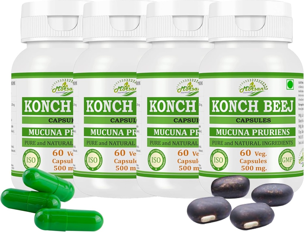 Natural and Pure Herbal MUCUNA PRURIENS (Konch Beej, Kaunch Beej) Extract Capsules | Highest Potency, 100% Herbal Product | Pack of 60 X 500 mg. Veg. Capsules (Pack of 4 Jar)