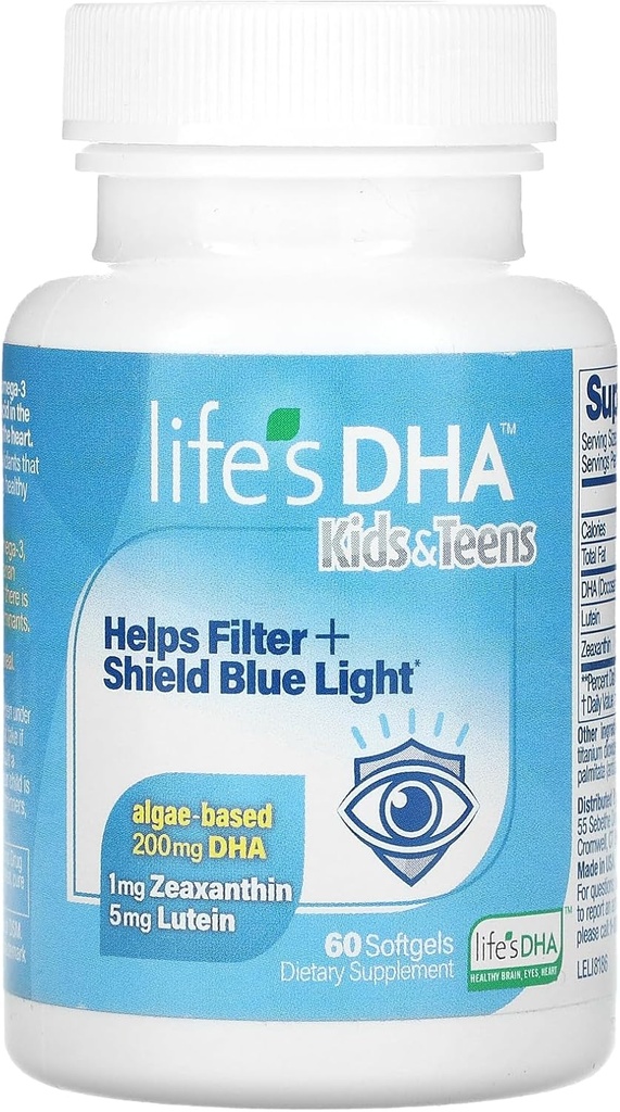 DHA Kids &amp; Adolescentes con Lutein – Ayuda a Filtrar & Shield Blue Light – Suplemento diario para apoyar la salud ocular y la salud cerebral - No GMO - 60 Softgels, Multi