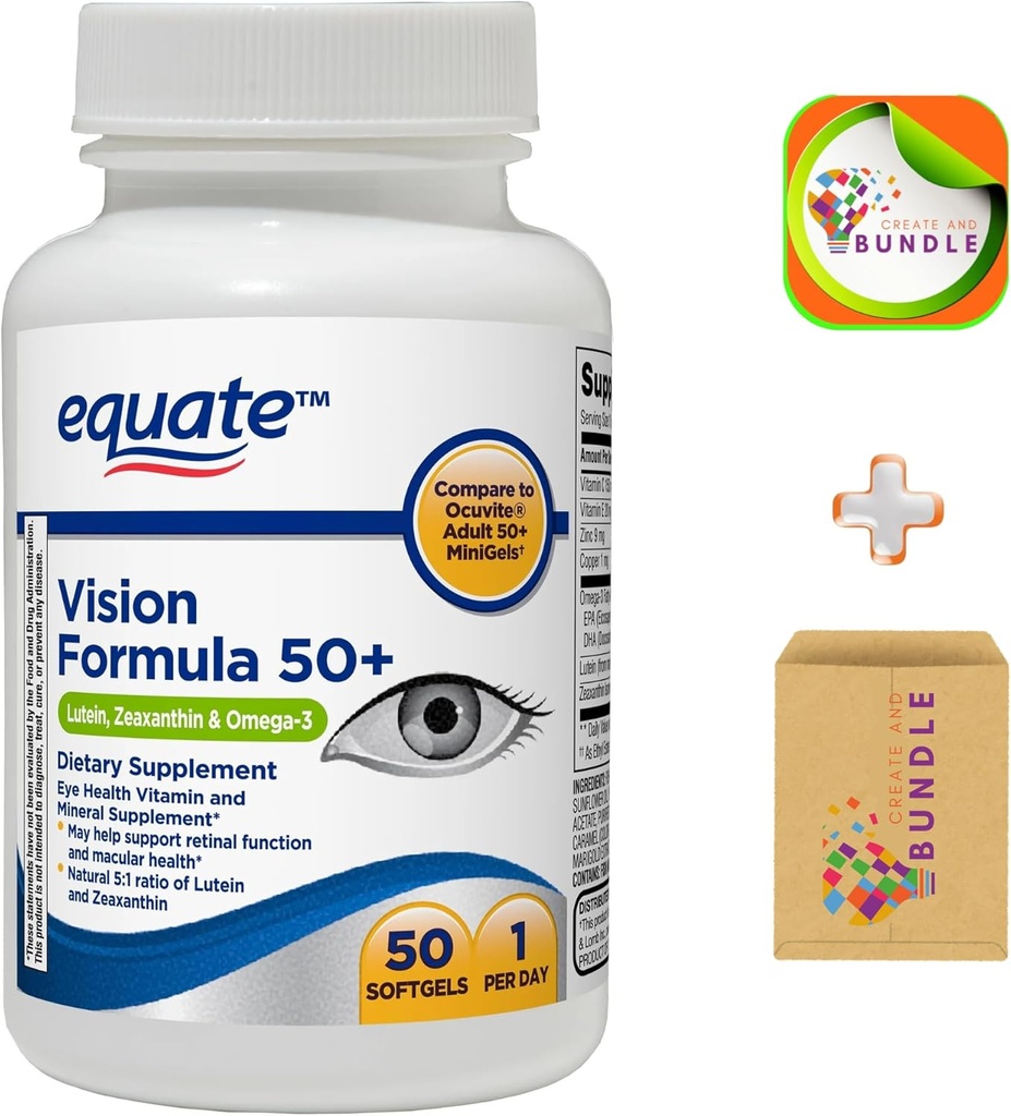 Equate Vision Fórmula 50 + Soft Gels Suplemento dietético - 50 Cuenta + CreativeAndBundle Sticker