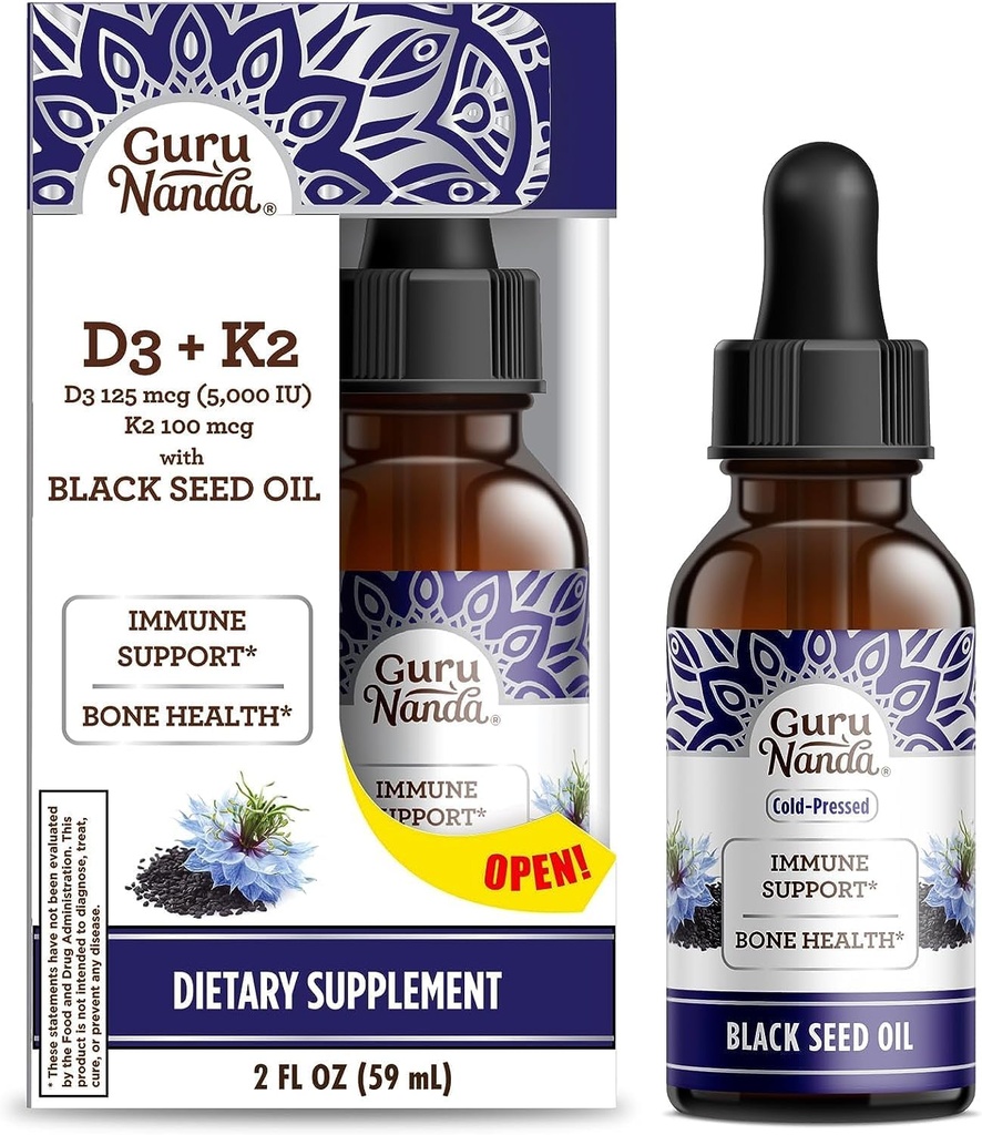 GuruNanda Black Seed Oil, Cold-Pressed Nigella Sativa - Rich in Vitamin D3 5000 Units, K2 & E, High Thymoquinone | Potent Antioxidant for Immune Support, Non-GMO, 2 Fl.oz