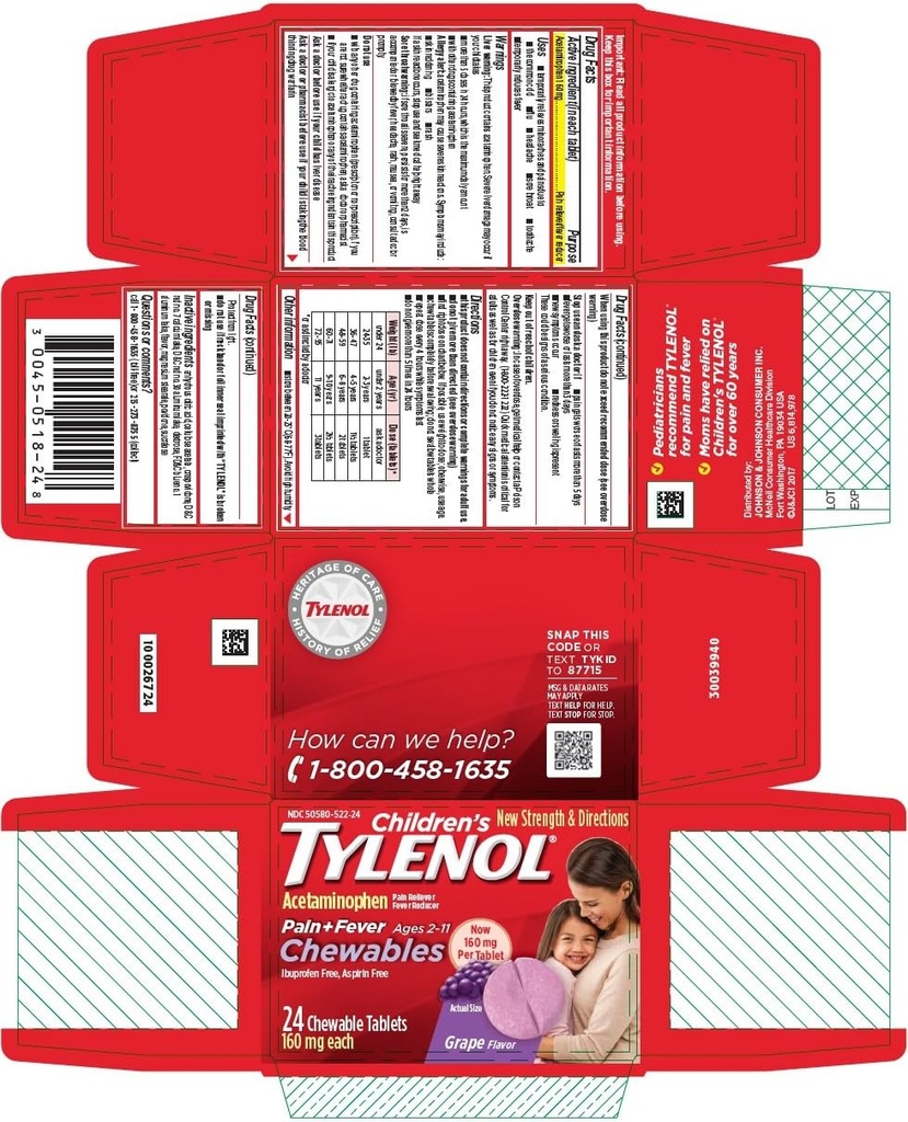 Tylenol El dolor de los niños + las tablas cortables de la fiebre Flavor - 24 ct, Pack de 4
