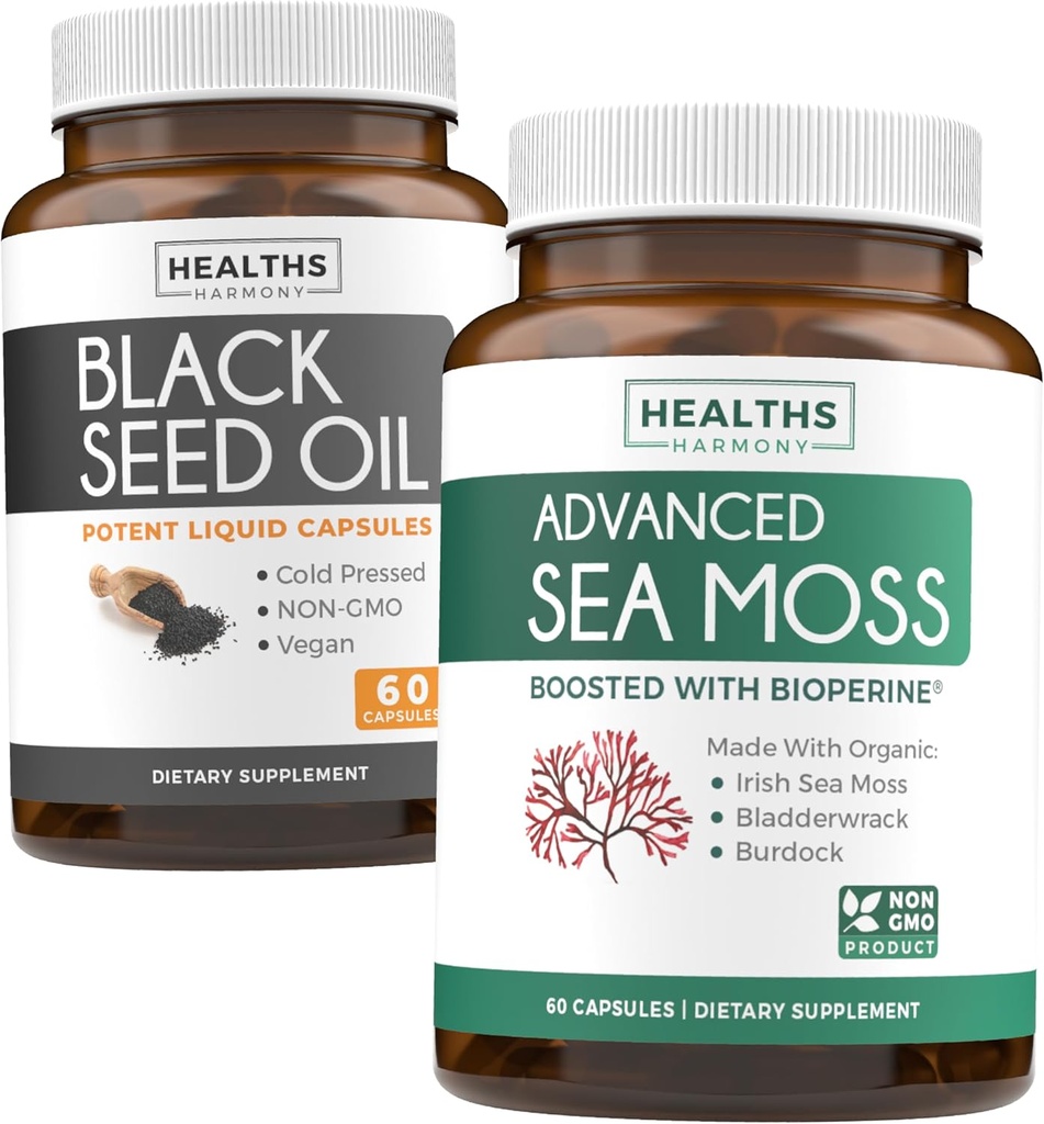 Black Seed Oil & Irish Sea Moss (1-Month Supply) - Wellness Duo Bundle of Black Seed Oil (60 Capsules) Cold-Presed Nigella Sativa & Irish Sea Moss (60 Capsules) con Bioperine y Bladderwrack