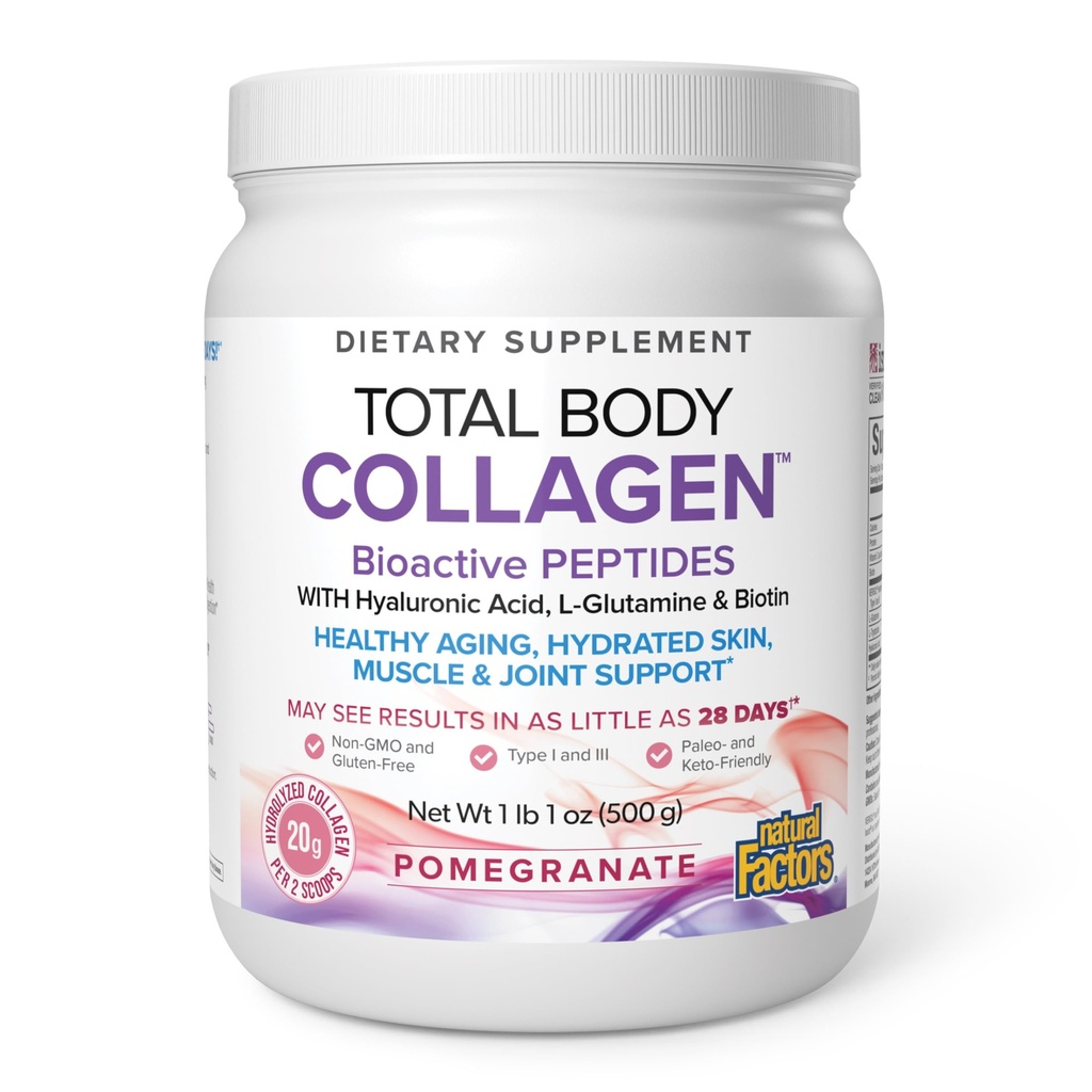 Factores naturales Colágeno total del cuerpo - Suplemento bioactivo del colágeno para el cabello " Apoyo al crecimiento del suelo - Suplemento saludable de la piel con proteína, vitamina C " Más - granada, 500 g (38 Servimientos)