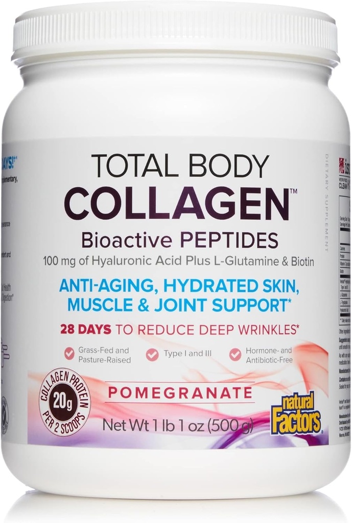 Factores naturales Colágeno total del cuerpo - Suplemento bioactivo del colágeno para el cabello " Apoyo al crecimiento del suelo - Suplemento saludable de la piel con proteína, vitamina C " Más - granada, 500 g (38 Servimientos)