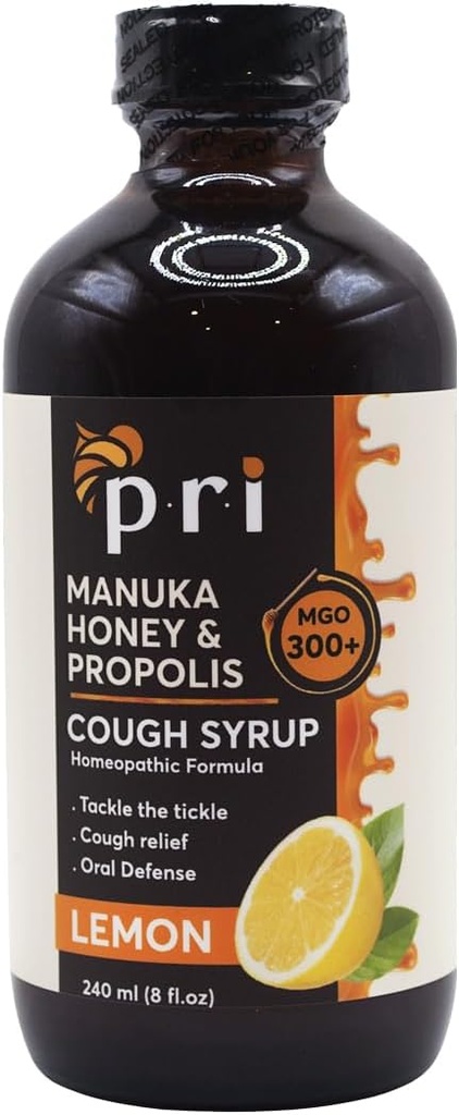 P.R.I Natural Dry Cough Syrup with Manuka Honey, Propolis, Tea Tree Oil and Vitamin C - Sore Throat &amp; Immune Support, Lemon Flavor, 8oz