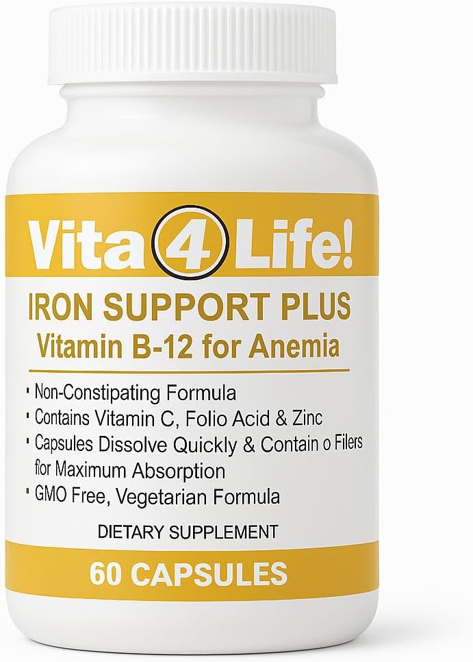 Vita4Life!® Iron Support Plus - 40 mg de hierro con vitamina C, B-12, ácido fólico " Zinc - 60 cápsulas - Fórmula no constipante para el soporte de células rojas de sangre " Energy - Vegetariano " GMO-Free