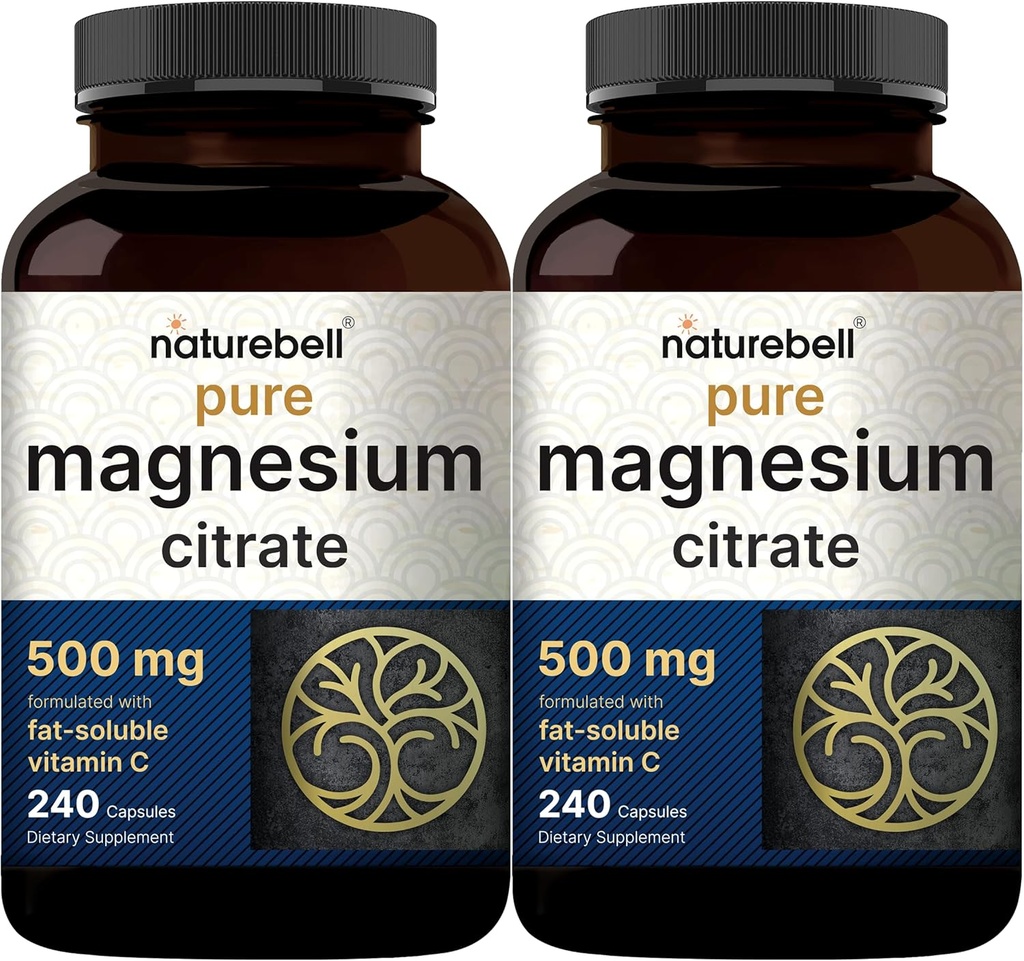NatureBell 2 Pack Magnesium Citrate 500mg, 480 Capsules TENIDO 2-en-1 con Fat Soluble Vitamin C TENIDO Forma Elemental Pura ANTE Filler Gratis, No Gluten
