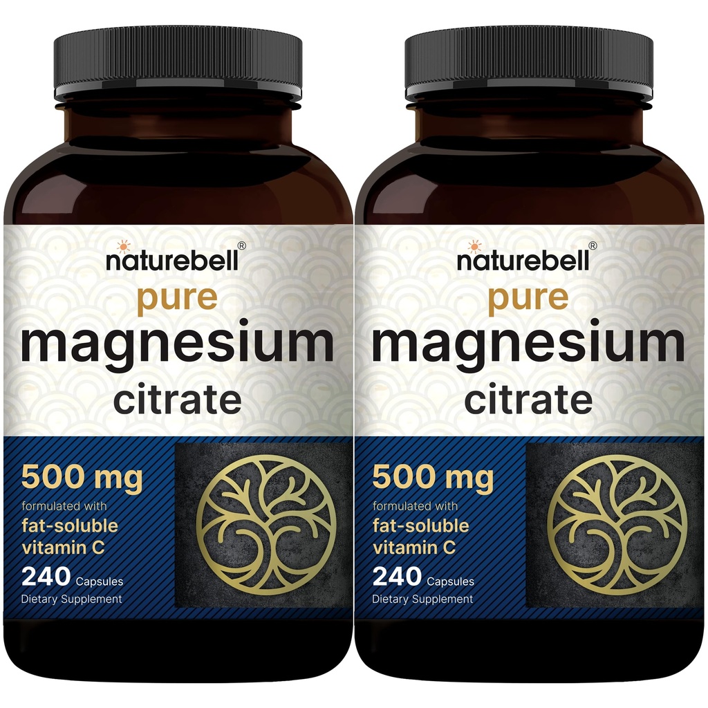 NatureBell 2 Pack Magnesium Citrate 500mg, 480 Capsules TENIDO 2-en-1 con Fat Soluble Vitamin C TENIDO Forma Elemental Pura ANTE Filler Gratis, No Gluten