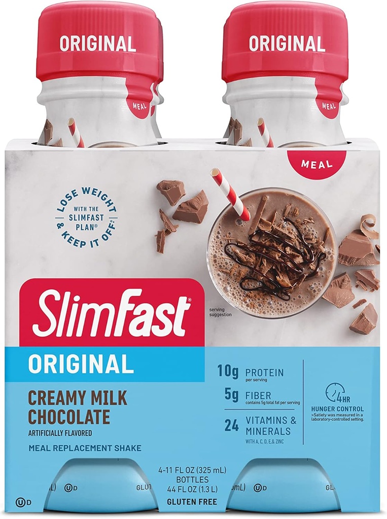 SlimFast Meal Replacement Shake, Original Creamy Milk Chocolate, 10g de Listo para Beber Proteína para la Pérdida de Peso, 11 Fl. Oz Bottle, 4 Conde (Packaging May Vary)