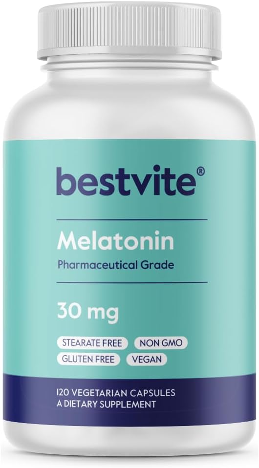 BESTVITE Melatonin 30mg (120 cápsulas vegetarianas) - No Stearates - Vegan - No GMO - Gluten Gratis - High Dose Melatonin
