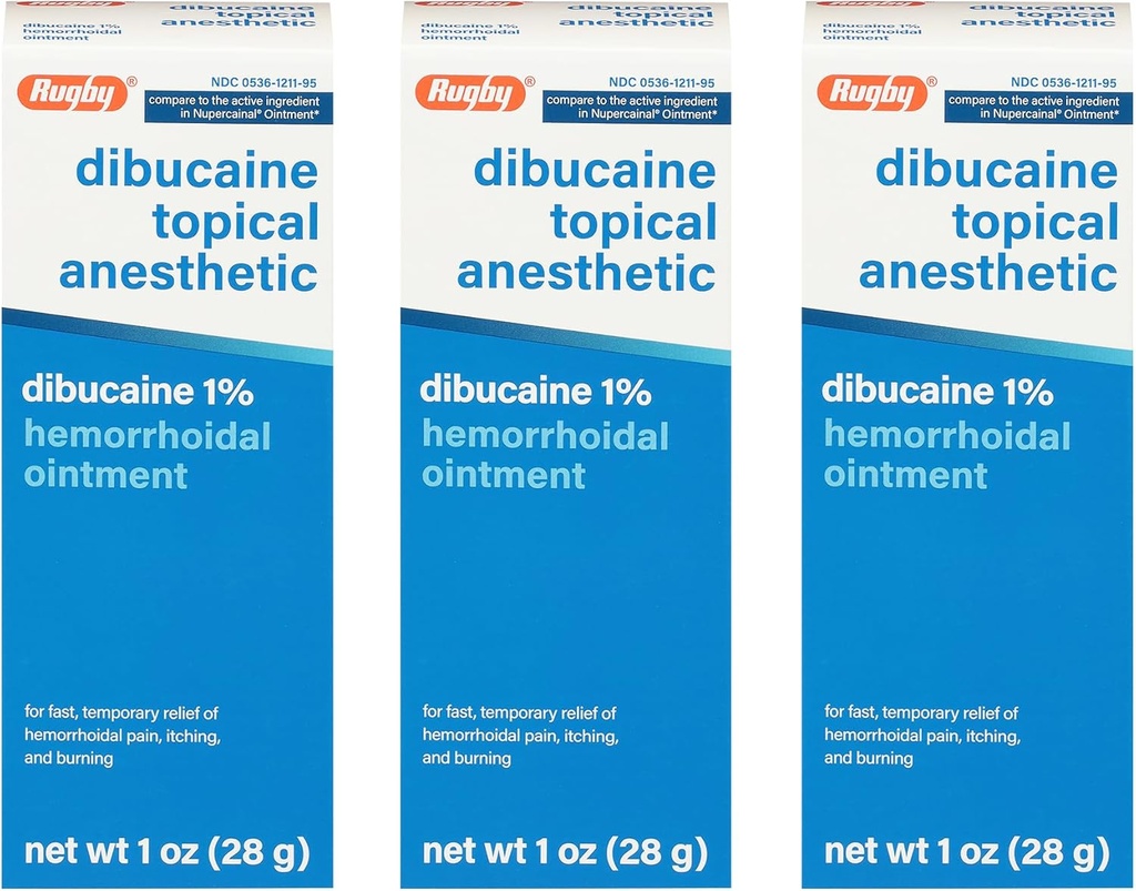 Rugby Dibucaine Topical Anesthetic 1% Hemorrhoid Ointment - Crema de alivio de dolor para picar y quemar, Tratamiento de hemorroides, Anti Itch Cream 1 Oz (3 Pack)