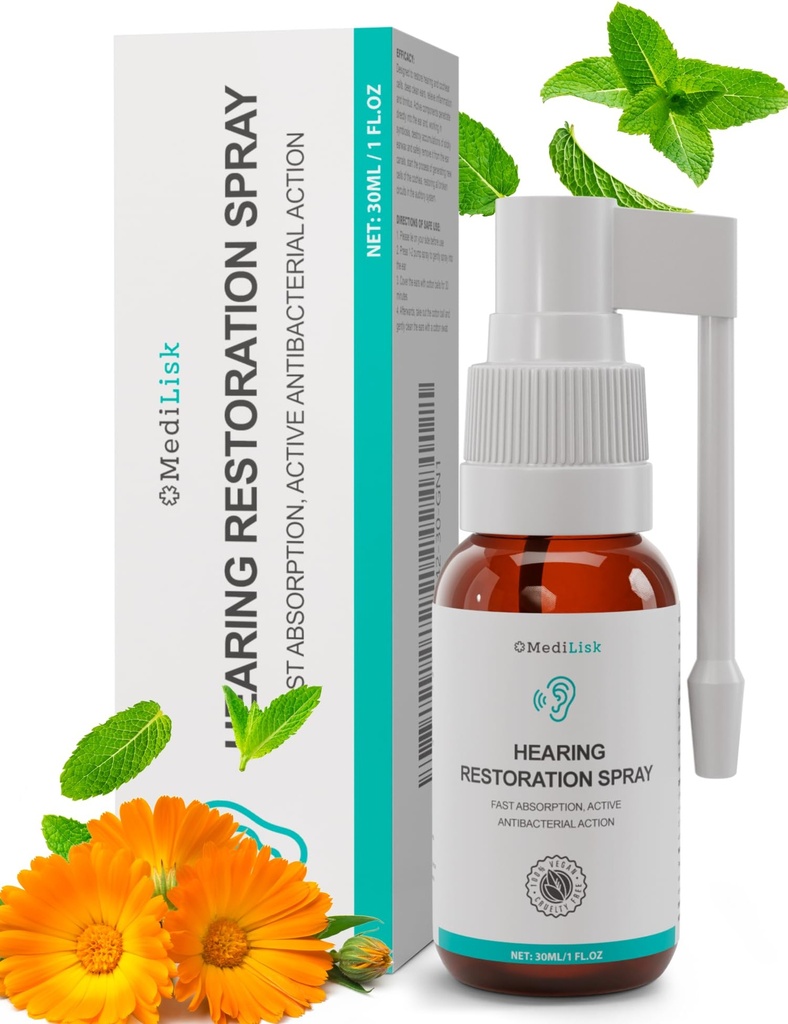 Medilisk Hearing Restoration Spray – Earwax Cleaning &amp; Ear Care Solution ← Libre de Harsh Chemicals, Gentle for Sensitive Ears ← Easy Spray Application, 1 Fl.Oz