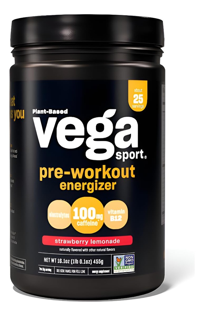 Vega Sport Pre-Workout Energizer, Strawberry Lemonade - Pre Workout Powder for Women &amp; Men, Supports Energy and Focus, Electrolytes, Vegan, Keto, Gluten Free, Non GMO, 1.1 lbs
