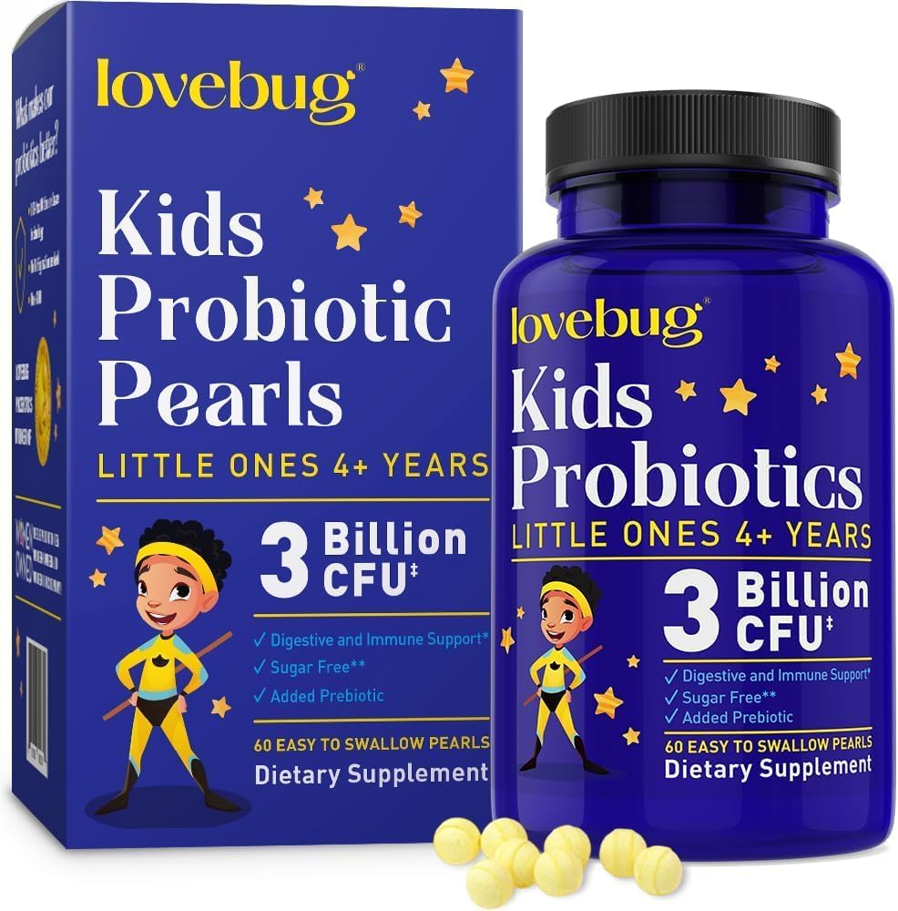 PRObióticos LOVEBUG para niños - Achicos probióticos con prebióticos para niños mayores de 4 años, Salud diaria de los niños, estreñimiento, suplemento de apoyo digestivo, libre de azúcar, 60 perlas blandas