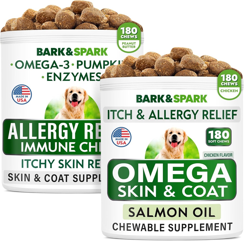 Alivio de la alergia + Omega 3 para perros Bundle - Anti-Itch Skin &amp; Coat + Alergia de la piel - Omega 3 Fish Oil + EPA & DHA Fatty Acid - Itching &amp; Paw Licking + Joint Health - 360 Chews - Made in USA