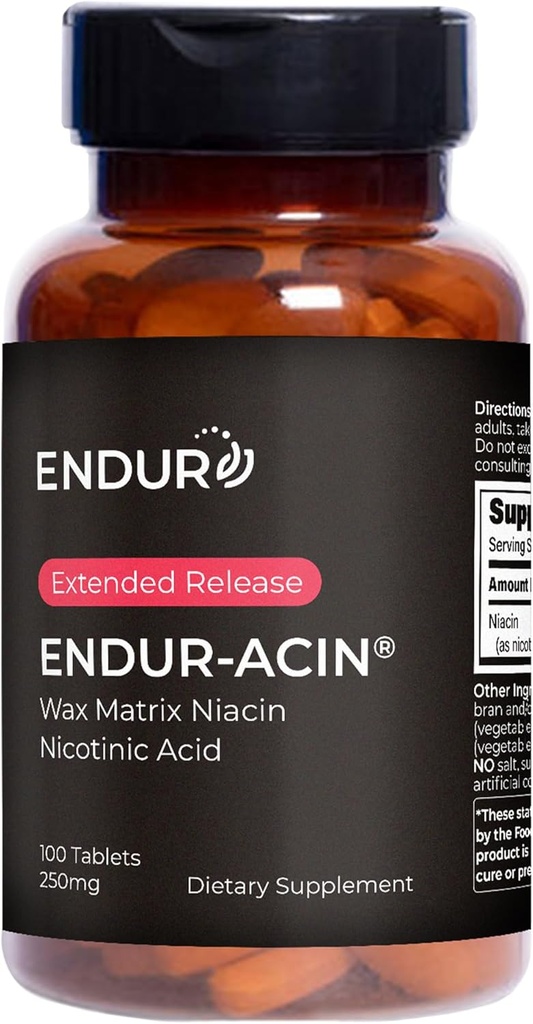 ENDUR-ACIN Niacina, Salud del Corazón &amp; Colesterol Healthy Balance Suplemento, Extended Release for Optimal Absorption, Gluten Free, 250mg (100 Tablets)