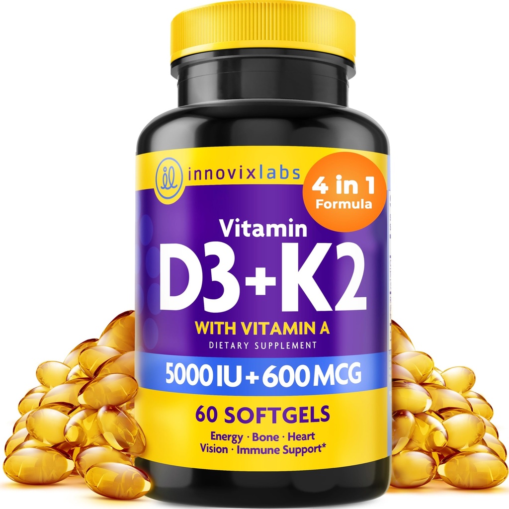 InnovixLabs Vitamin D3 K2-5000 IU Vitamin D3 Plus 600 mcg Vitamin K2 MK4 and MK7 for Max Calcium Absorption, Supports Bone, Immune, Heart Health, 3rd Party Tested, Gluten Free, 60 Softgels