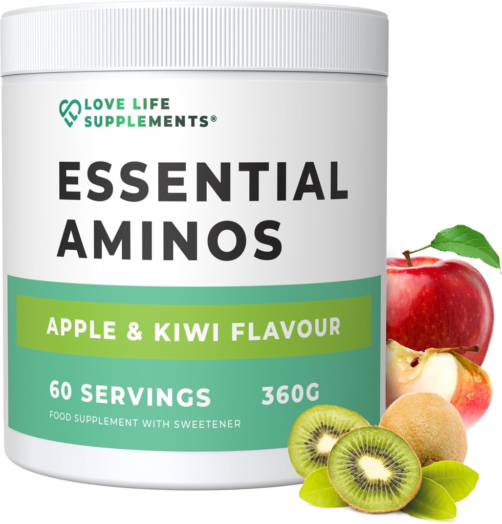 Love Life Supplements EAA Amino Acids Powder, All 9 Essential Amino Acids Including BCAA's and 2 Grams of Leucine per Serving, Apple & Kiwi Flavour, 348g - 60 Servings (5g of EAA's per Serving)