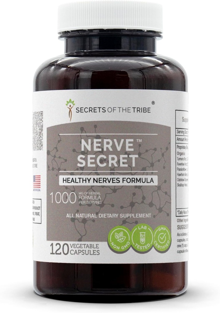 Secretos de la tribu - Nerve Secret, Healthy Nerves Fórmula, Herbal Suplemento Blend (120 cápsulas)