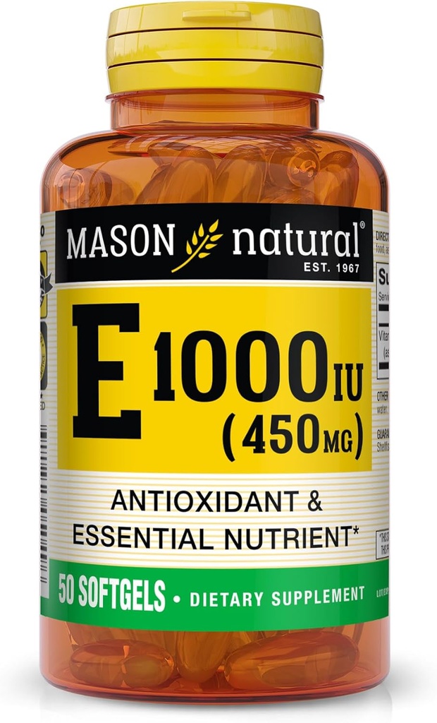 MASON NATURAL Vitamina E 450 mg (1,000 UI) - Antioxidante y Nutriente Esencial, Sistema Inmunitario Saludable, Esquía y Ojos, Suplemento completo del Cuerpo, 50 Softgels