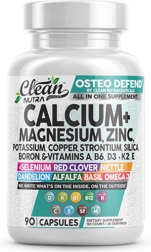 Allin1 Calcio Magnesio Zinc Suplemento con Potasio, Cobre, Estroncio, Silica, Vitamina D3 K2, Borón, Vitamina B1 B12 Red Clover Herb Alfalfa Basil Píldoras para Hombres &amp; Mujeres Limpia Nutra Osteo Defend