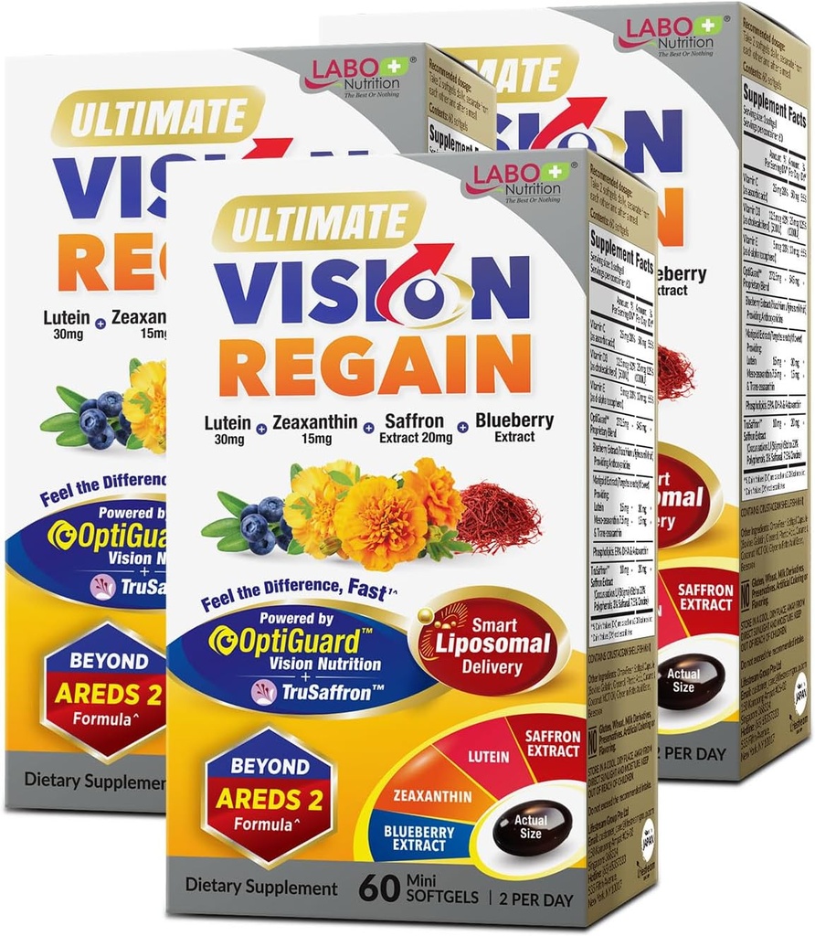 LABO Nutrition Ultimate VisionREGAIN, Vitamina Ocular Más allá de AREDS 2 Fórmula con Lutein, Zeaxanthin, Saffron Extract, Blueberry for Macular &amp; Retinal Health, Eye Fatigue, Night Vision Support 60 Countsx3