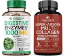 Pleno Wellness Digestive Enzymes 1000MG Plus Prebióticos &amp; Probióticos Suplemento + Superabsorb Multi Collagen Pills (Type I II III V X) Organic Herbs and Bioperine Bundle