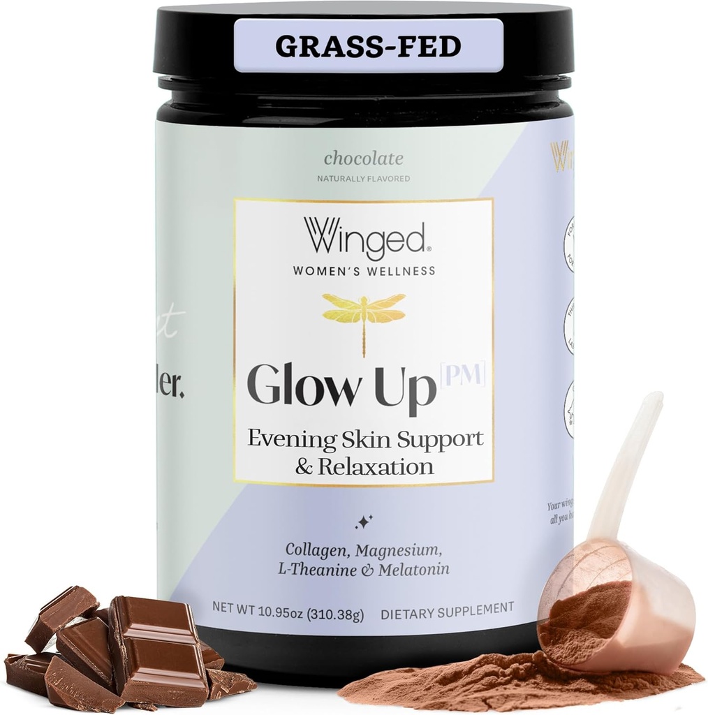 Winged Wellness Glow Up PM Collagen Peptide Powder ← La piel de noche y la relajación para la piel de glaseado y el sueño dulce. Grass Fed Collagen w/Magnesium, L-Theanine y Melatonin I Chocolate, 21 Servings