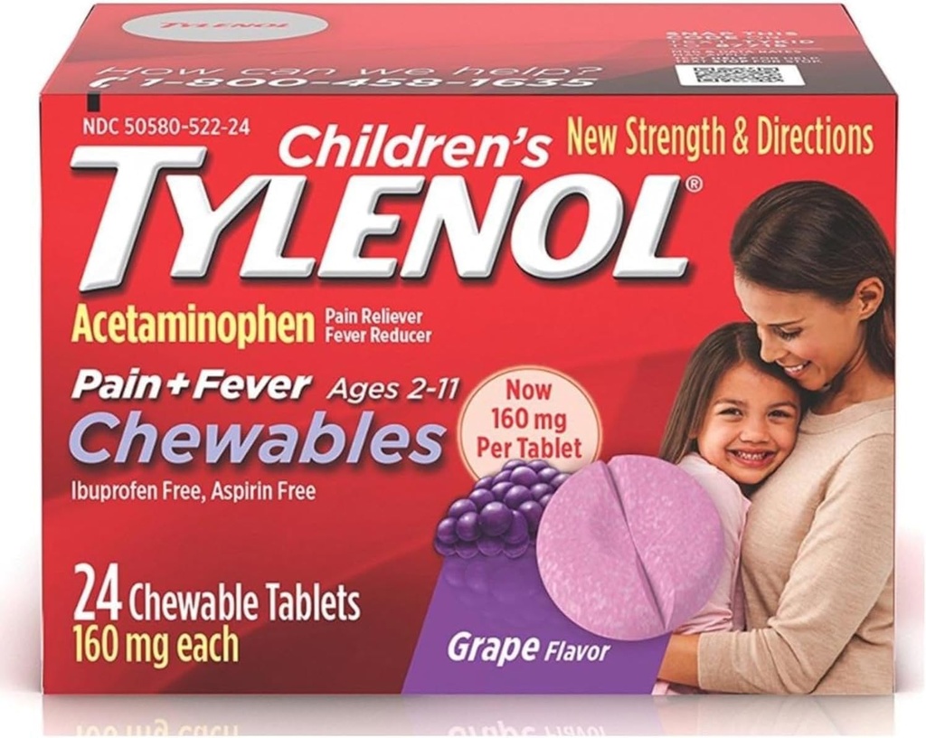 Tylenol Dolor infantil + Fiebre Chewables Tablas 160 mg, Grape Flavor 24 ea (3 Pack)