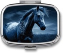 Blue Horse Pill Box 3 Compartment Square Small Pill Case Travel Pillbox for Purse Pocket Metal Medicine Organizer Portable Pill Container Holder to Hold Vitamins Medication Fish Oil and Supplements