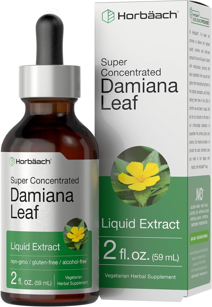 Horbäach Damiana Leaf Herb Tincture  2 fl oz ← Super Concentrado ← Alcohol Free Liquid Extract ← Vegetarian, Non-GMO &amp; Gluten Free Herbal Supplement