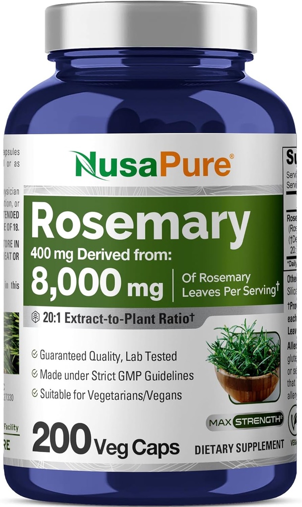 NusaPure Rosemary Capsules Silencio 20:1 Extracto, 400 mg Equivalente a 8.000mg  200 Veggie Caps