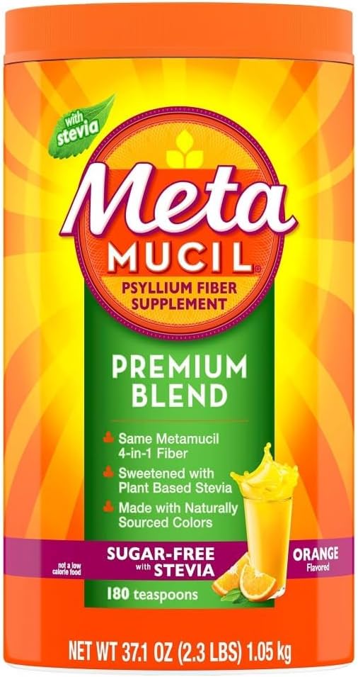 Metamucil Premium Blend, 4-en-1 Suplemento de fibra para la salud digestiva, Psyllium Husk Fiber Powder, Libre de azúcar con Stevia, Suplemento de fibra de base vegetal, Orange Flavored, 180 cucharaditas