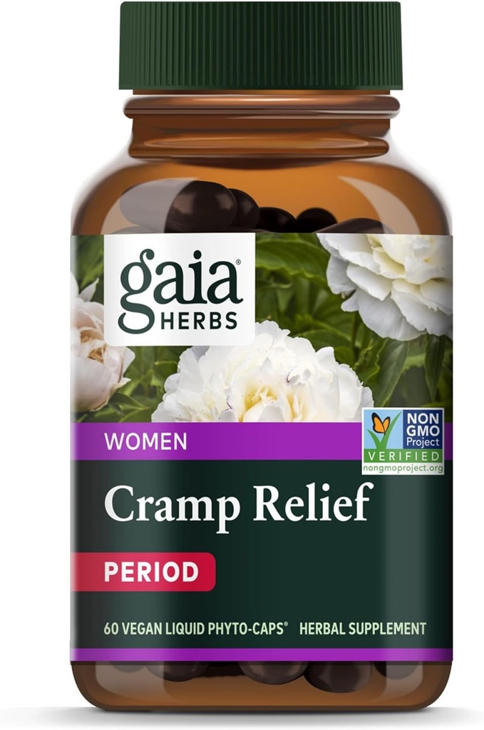 Gaia Herbs Cramp Relief - Suplemento Herbal para Equilibrio de Hormonas &amp; Período Cramp Relief - Hecho con Root de Licorice Orgánica, Blanco Peony Root, Turmeric &amp; Más - 60 cápsulas Vegan (60 piezas)