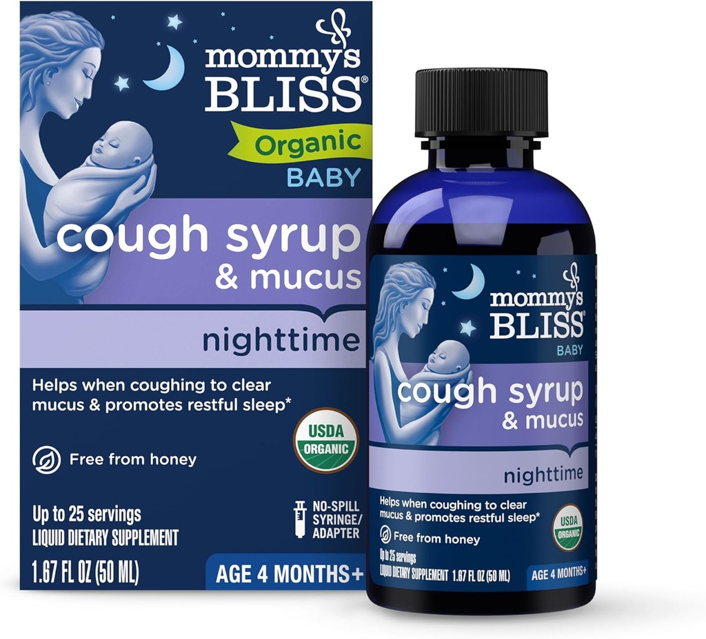 Mami's Bliss Organic Baby Cough Syrup & Mucus Night Time, Contains Organic Agave and Ivy Leaf, Made for Babies 4 month+, 1.67 Fluid Ounces