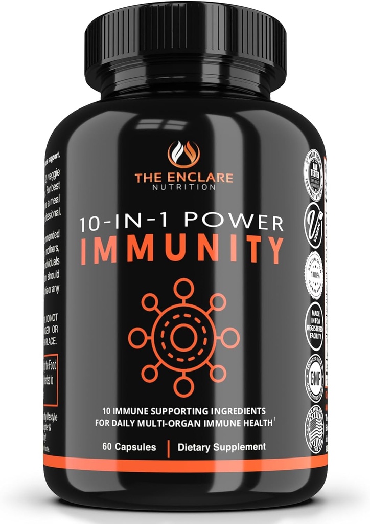 THE ENCLARE NUTRITION 10 in 1 Immune Support Booster Supplement with Echinacea, Vitamina C and Zinc, Turmeric, Ginger, B6, Elderberry for Adults Immunity Defense Vitamins, Made in USA Veg Cap 60 Ct (1)