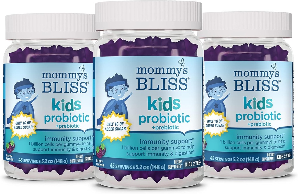 Mami's Bliss Kids Probiotic + Prebiotic Gummies, Supports Immunity & Digestion for Kids 2 Years+, Less Sugar, Yummy Berry Flavor, 45 Count (Pack of 3)