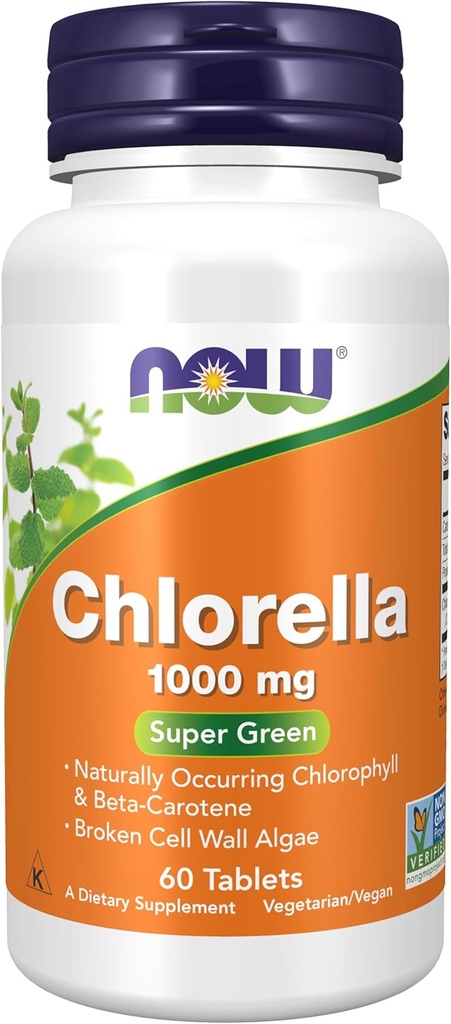 AHORA Suplementos de alimentos, Clorella 1000 mg con clorofila natural, beta-caroteno, carotenoides mixtos, vitamina C, hierro y proteína, 60 tabletas