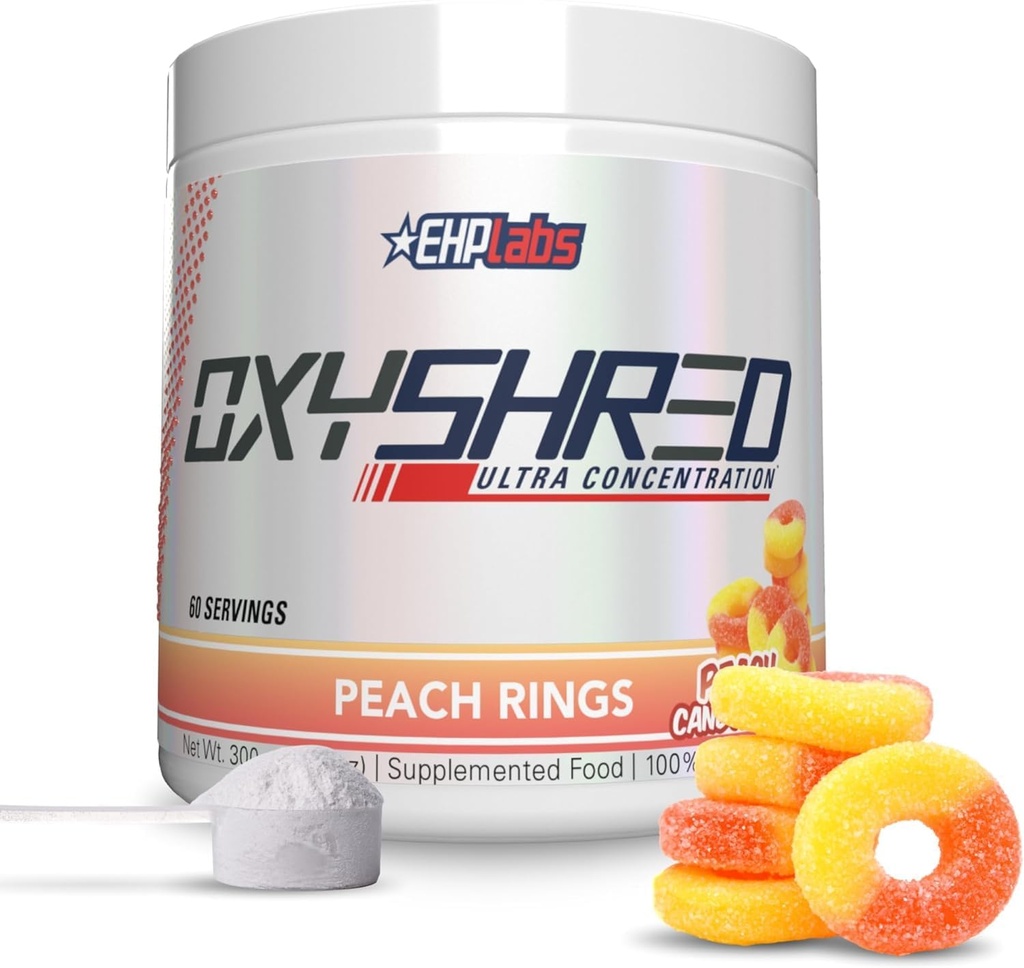 EHP Labs OxyShred Pre Workout Powder - Preworkout Powder con L Glutamine &amp; Acetyl L Carnitine, Energy Boost Drink - Peach Candy Rings, 60 Servings