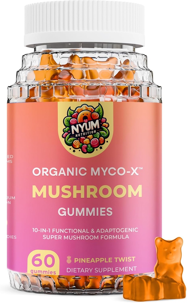 Nyum Nutrition Organic MYCO-X Mushroom Gummies, 10-in-1 Formula, Pineapple Twist, 60 Count, Orange/Pink