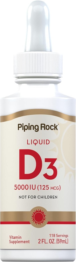Piping Rock Vitamina D3 Liquid 5000 UI (125 mcg) TENIDO 2 oz TENIDO Las gotas de vitamina D para adultos TENIDO Vegetariano, No GMO, Gluten Suplemento Libre