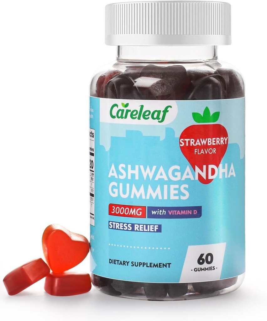 Vegan Ashwagandha Gummies-3000mg High Potency Ashwagandha Root Extracto con Vitamin D2 ← Strawberry Flavor  60 Cts/Bottle