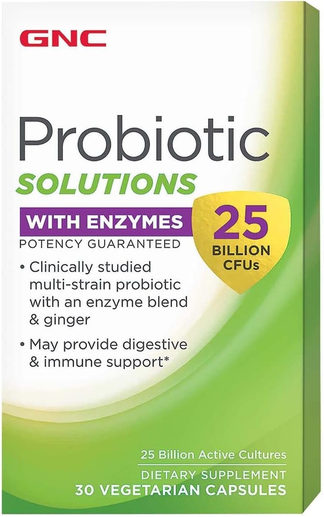 GNC Probiotic Solutions with Enzymes with 25 Billion CFUs, 30 Capsules, Daily Probiotic Support