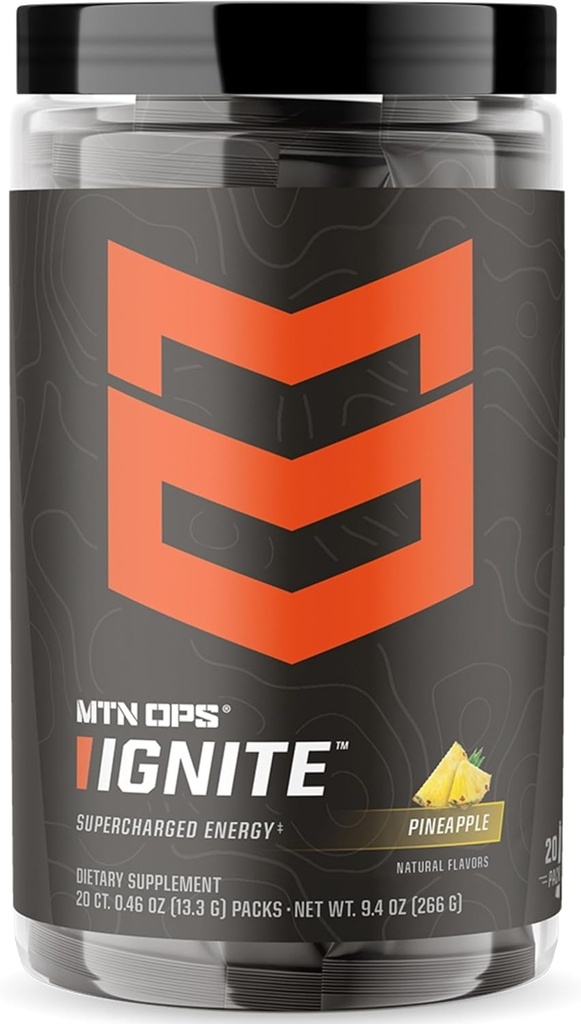 MTN OPS Ignite Trail Packs Energy Drink Powder, Gluten Free Nootropic Supplement Drink Mix, L Arginine, L Citrulline, Caffeine &amp; Nootropic Sugar Free Drink Mix, 20 Servings, Pineapple Crush