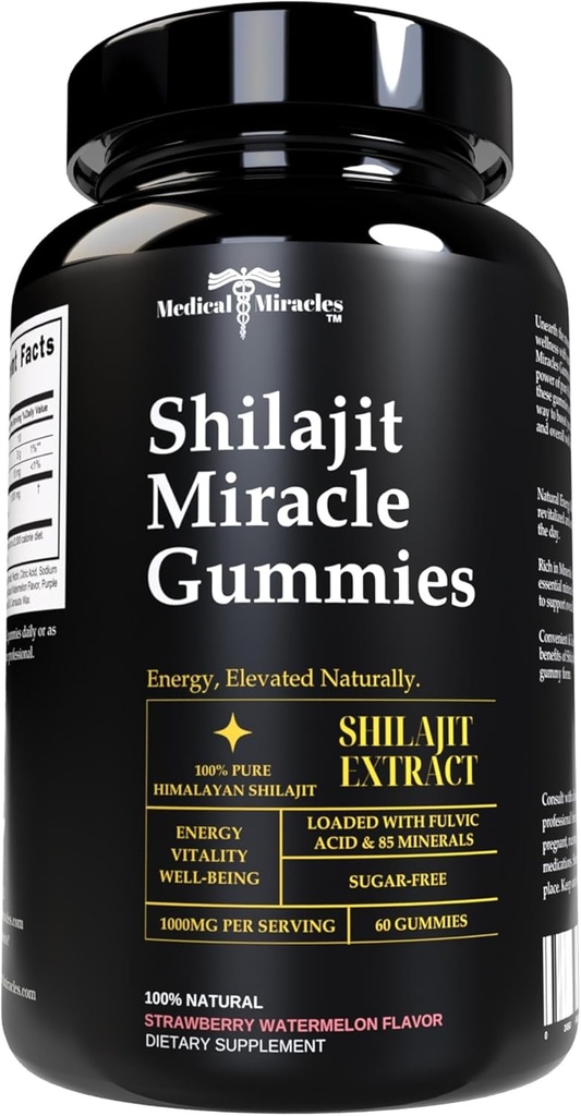 Milagros médicos Shilajit Gummies - 1000mg Puro Himalayan Extract w/Fulvic Acid, Vegan, Libre de Azúcar, Alta Potencia. Energy &amp; Immunity Support with over 84 Minerals. 60 Gummies deliciosos