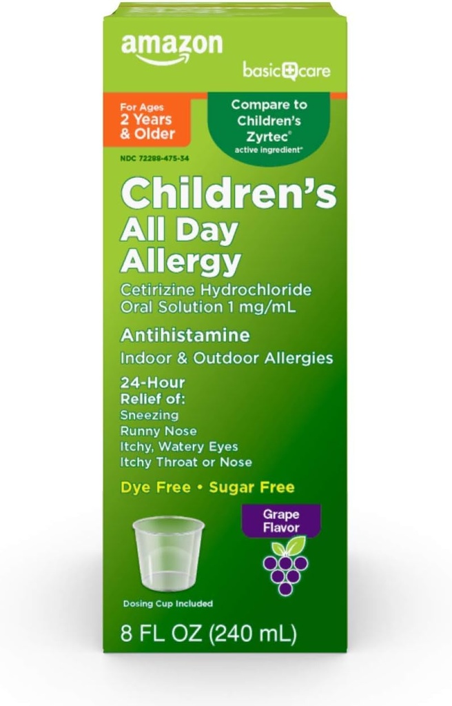 Atención básica 24 horas Alivio de alergia para niños, clorhidrato de cetirizina Solución Oral 1 mg/mL, Flavor de uva, Dye Gratis, 8 fl oz (Pack of 1)