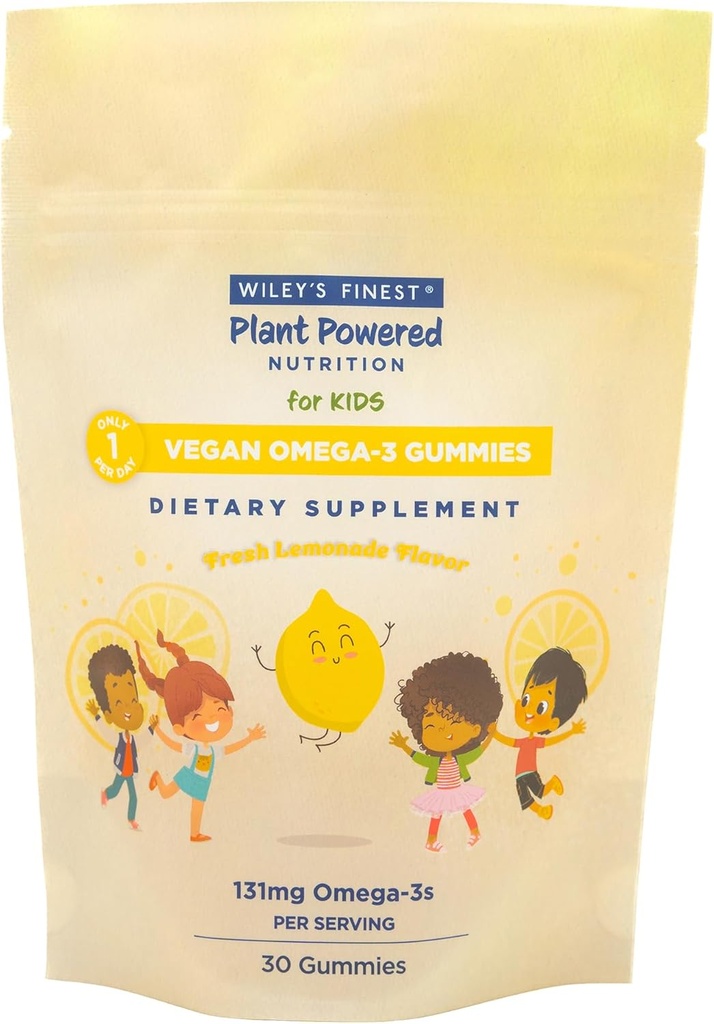 Wiley's Finest Kids Vegan Omega-3 Gummies - Natural Sugar - Vegetarian DHA, ALA & SDA - Gluten Free - Lemon Flavor, 30 Gummies