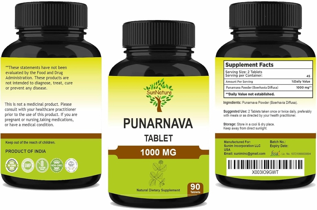 Punarnava Tablets 90 Tablets, 1000 mg vidas eternas 45 Days Supply sufrimiento Herbal Tablets sufrimiento Herbal Suplementos sufrimiento Vegan  Boerhaavia diffusa ← India