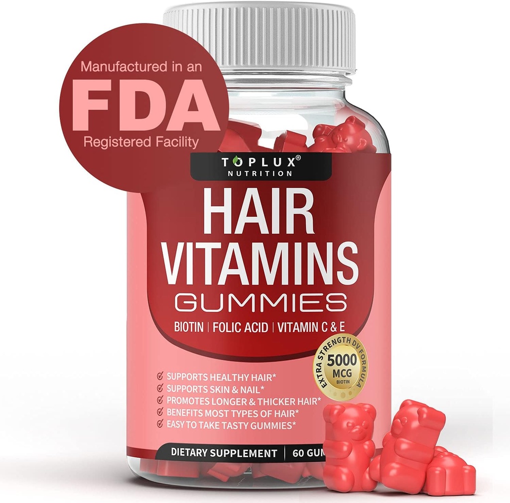 Pelo Vitamina Gummies Suplemento para Mujeres y Hombres – Crecimiento del cabello Vitaminas 5000mcg Biotina Gummies, ácido fólico, vitamina C &amp; E, Apoyo más fuerte > Cabello delgado, Piel, uñas, no GMO Vegam para, 60 Conde